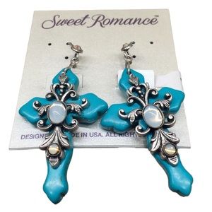 Sweet Romance Turquoise & Opal Cross Earrings Silver Metal